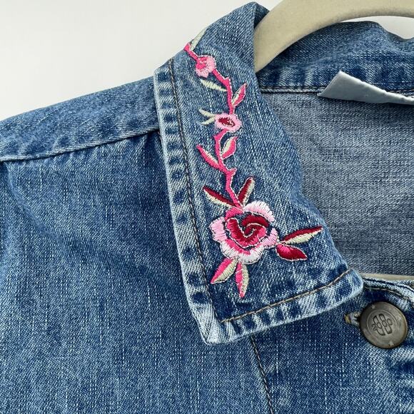 Bill Blass (L) VINTAGE Y2K Blue Denim Pink Floral Embroidered Vest Jean Jacket - Picture 4 of 10